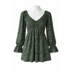 Women's Babydoll Dress Size M Green Polka Dot Ditsy Floral Cottagecore Milkmaid